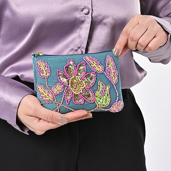Shop Lc Blue Genuine Leather Floral Pattern Embellishment Pouch With Top Zip Closure