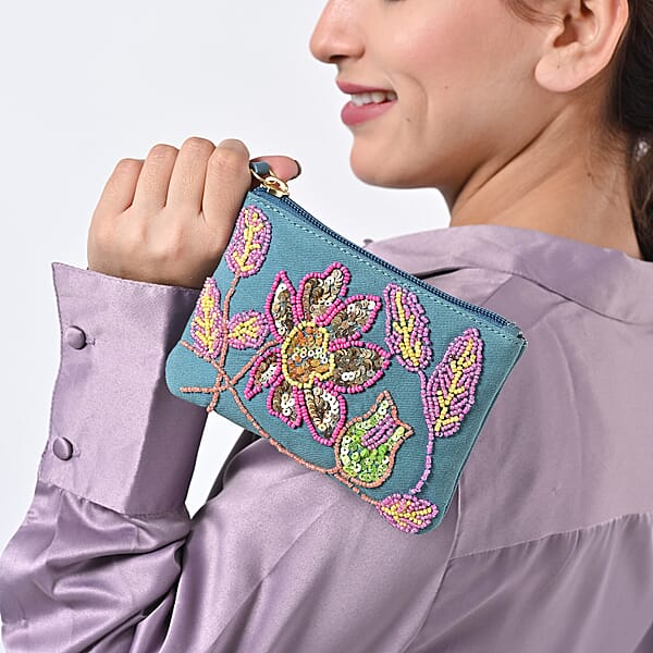 Shop Lc Blue Genuine Leather Floral Pattern Embellishment Pouch With Top Zip Closure