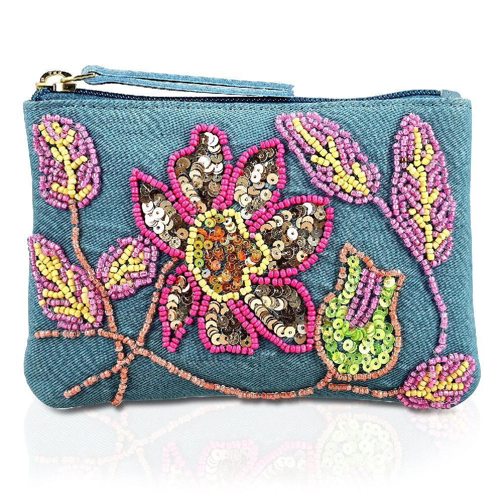 shop lc Blue Genuine Leather Floral Pattern Embellishment Pouch with Top Zip Closure