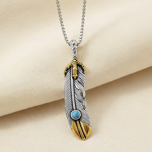 Shop Lc Blue Howlite 0.30 Ctw Feather Necklace In ION Plated YG And Stainless Steel 23.5 Inches