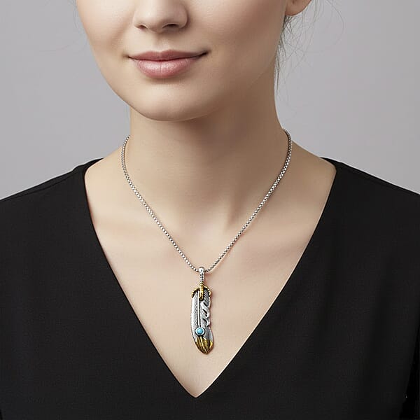 Shop Lc Blue Howlite 0.30 Ctw Feather Necklace In ION Plated YG And Stainless Steel 23.5 Inches