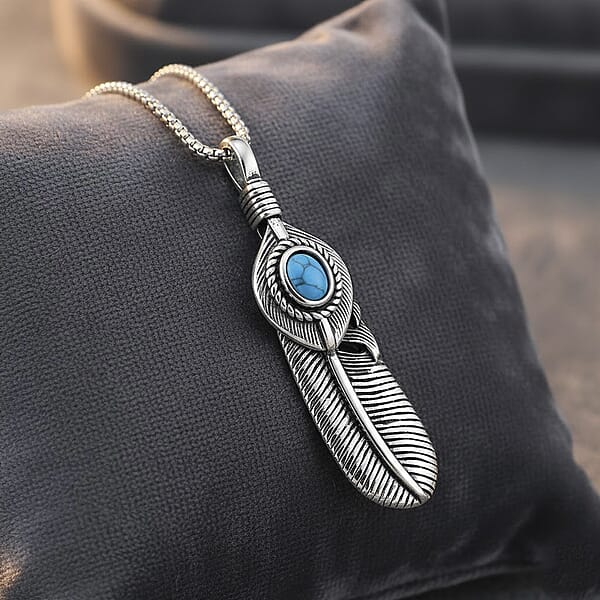 Shop Lc Blue Howlite 0.50 Ctw Feather Necklace In Stainless Steel 23.5 Inches
