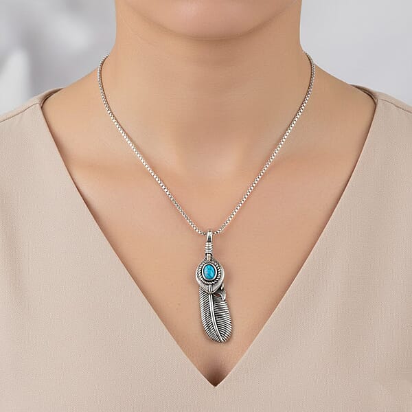 Shop Lc Blue Howlite 0.50 Ctw Feather Necklace In Stainless Steel 23.5 Inches