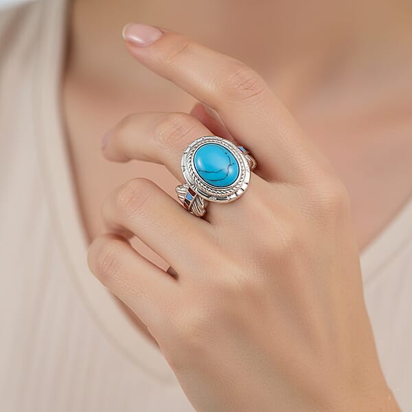 Shop Lc Blue Howlite 1.50 Ctw And Enameled Feather Ring In Stainless Steel
