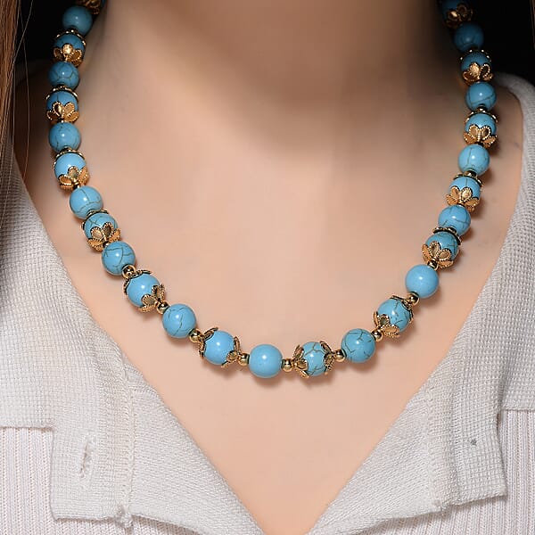 Shop Lc Blue Howlite 230.00 Ctw Beaded Necklace With Owl Charm In Goldtone 18 Inches