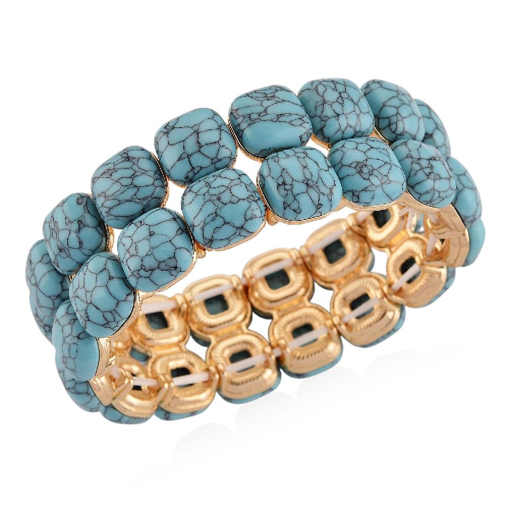shop lc Blue Howlite 34.00 ctw Stretch 2 Row Bangle Bracelet in Goldtone (6.50-7.0In)