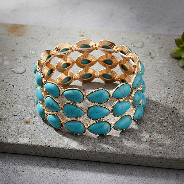 Shop Lc Blue Howlite 34.00 Ctw Stretch 3 Row Bangle Bracelet In Goldtone (6.50-7.0In)