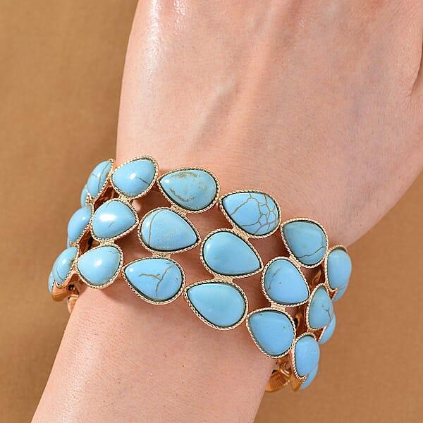 Shop Lc Blue Howlite 34.00 Ctw Stretch 3 Row Bangle Bracelet In Goldtone (6.50-7.0In)