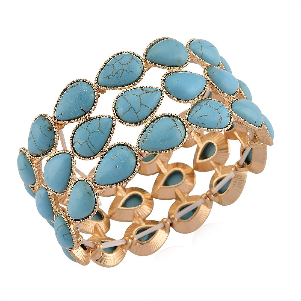 shop lc Blue Howlite 34.00 ctw Stretch 3 Row Bangle Bracelet in Goldtone (6.50-7.0In)