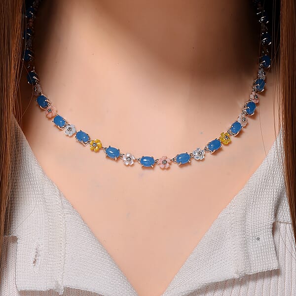 Shop Lc Blue Jade (D) 28.00 Ctw And Multi Color Mother Of Pearl Carved Floral Necklace In Rhodium Over Sterling Silver 18 Inches