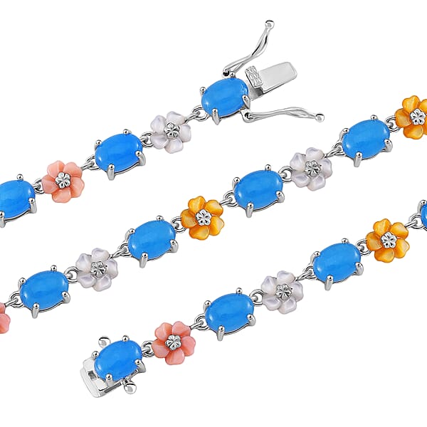 Shop Lc Blue Jade (D) 28.00 Ctw And Multi Color Mother Of Pearl Carved Floral Necklace In Rhodium Over Sterling Silver 18 Inches