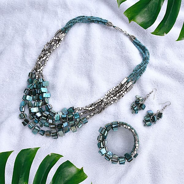 Shop Lc Blue Seed Bead Earrings And Wrap Bracelet And Multi Strand Necklace In Stainless Steel 22 Inches