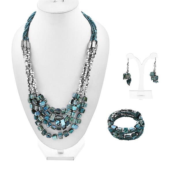 Shop Lc Blue Seed Bead Earrings And Wrap Bracelet And Multi Strand Necklace In Stainless Steel 22 Inches