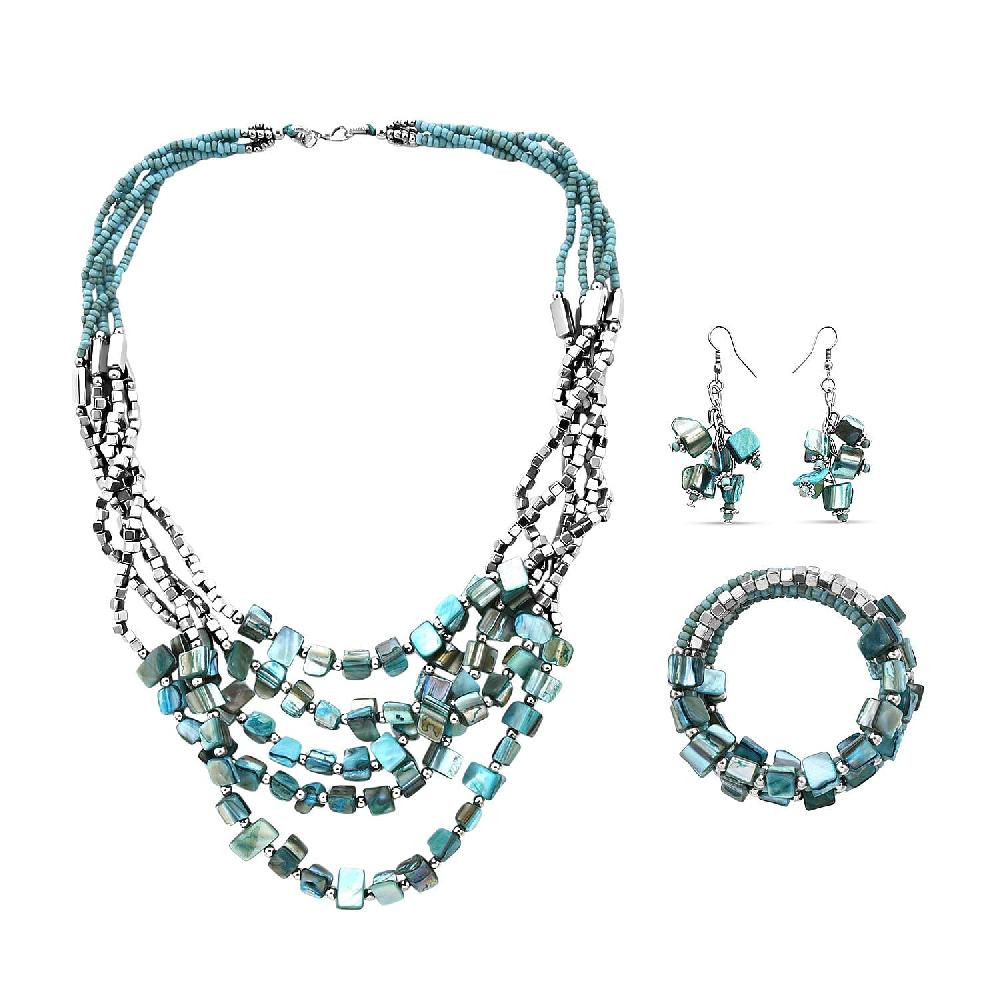 shop lc Blue Seed Bead Earrings and Wrap Bracelet and Multi Strand Necklace in Stainless Steel 22 Inches