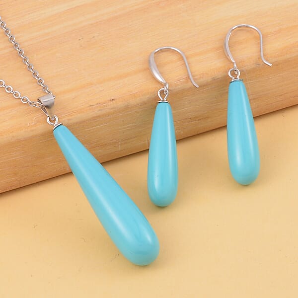 Shop Lc Blue Shell Pearl Drop Pendant Necklace 20 Inches And Earrings In Stainless Steel