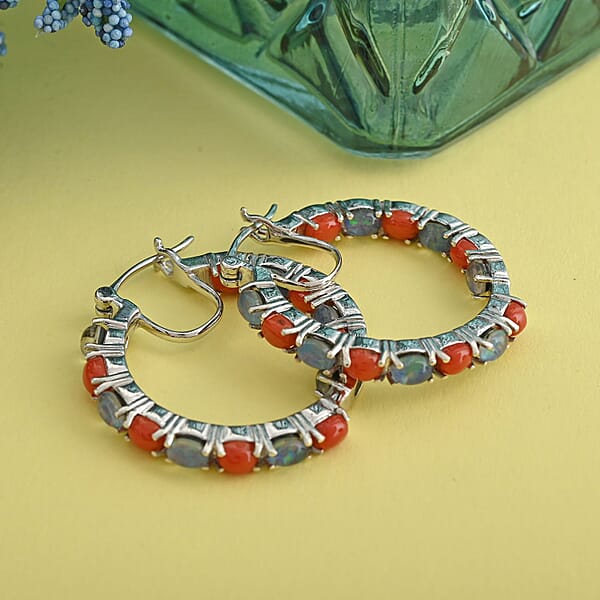 Shop Lc Boulder Opal Triplet And Mediterranean Coral 5.75 Ctw Hoop Earrings In Rhodium Over Sterling Silver 7.10 Grams