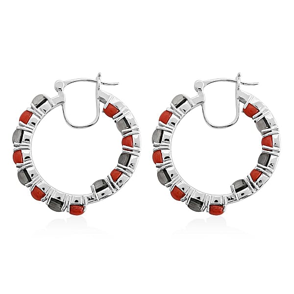 Shop Lc Boulder Opal Triplet And Mediterranean Coral 5.75 Ctw Hoop Earrings In Rhodium Over Sterling Silver 7.10 Grams