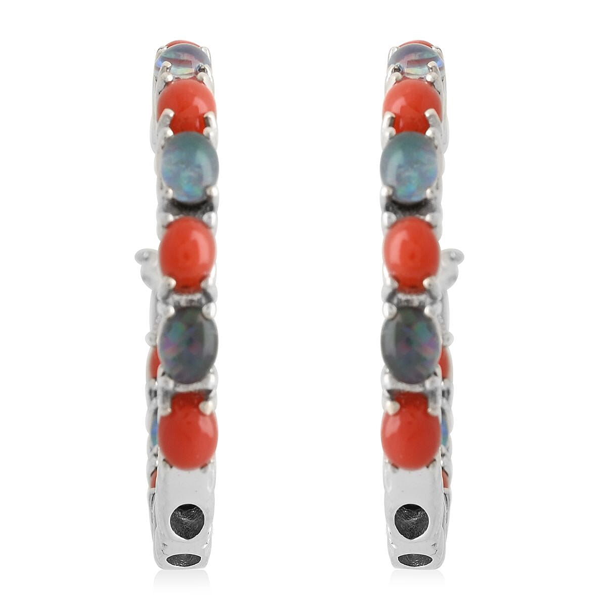 shop lc Boulder Opal Triplet and Mediterranean Coral 5.75 ctw Hoop Earrings in Rhodium Over Sterling Silver 7.10 Grams