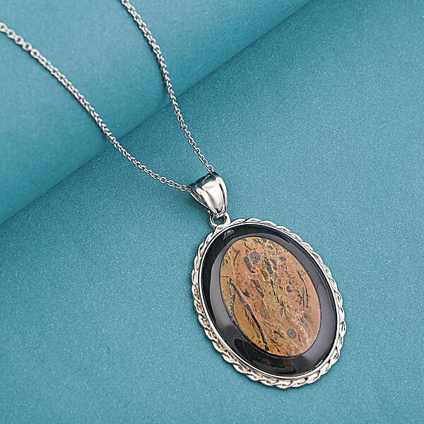 Shop Lc Bradiopods Fossil Blackstone Pendant Necklace (20 Inches) In Stainless Steel 46.00 Ctw