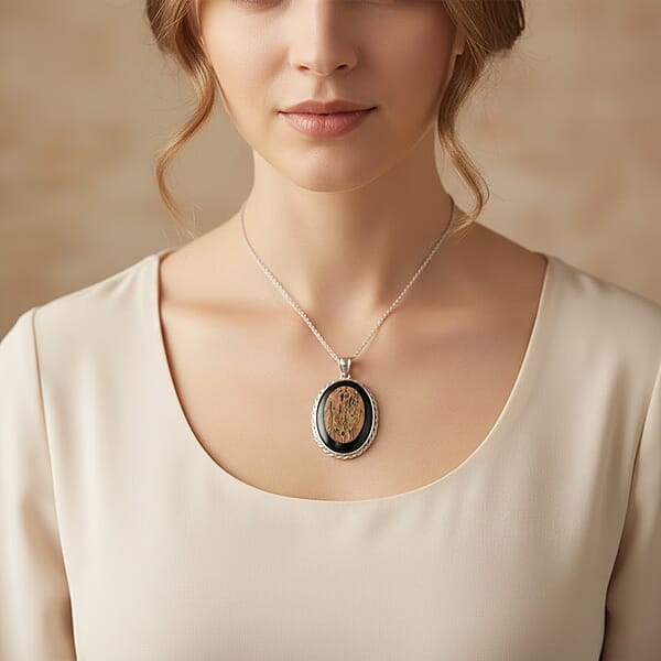 Shop Lc Bradiopods Fossil Blackstone Pendant Necklace (20 Inches) In Stainless Steel 46.00 Ctw