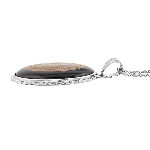 Shop Lc Bradiopods Fossil Blackstone Pendant Necklace (20 Inches) In Stainless Steel 46.00 Ctw