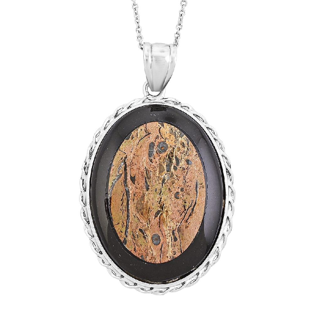 shop lc Bradiopods Fossil Blackstone Pendant Necklace (20 Inches) in Stainless Steel 46.00 ctw