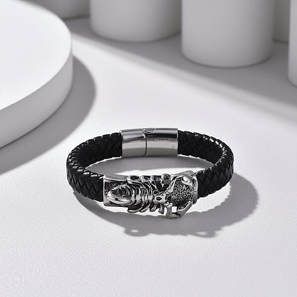 Shop Lc Braided Microfiber Leather Scorpio Bracelet In Stainless Steel (8.00 In)