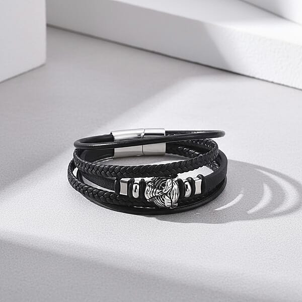 Shop Lc Braided Microfiber Leather Tiger Head Bracelet In Stainless Steel (8.00 In)