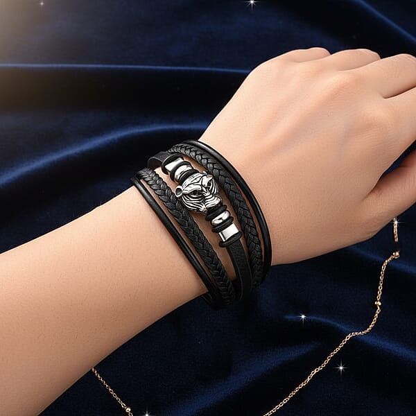 Shop Lc Braided Microfiber Leather Tiger Head Bracelet In Stainless Steel (8.00 In)