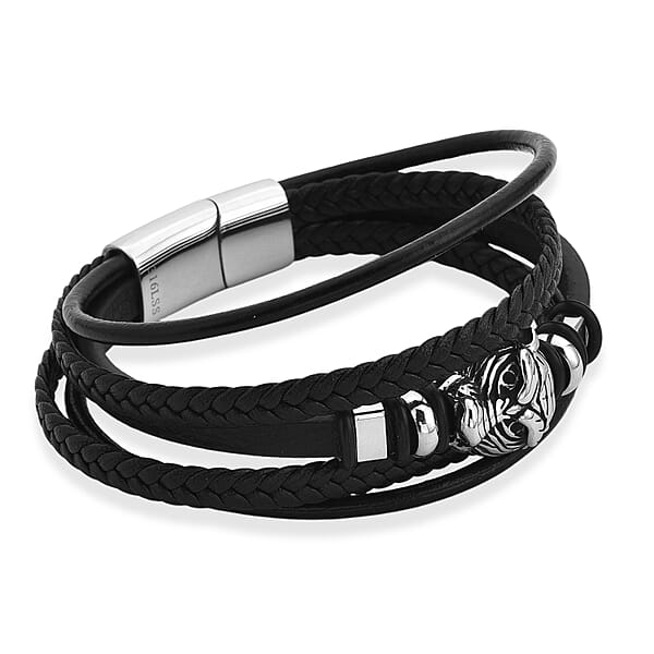 Shop Lc Braided Microfiber Leather Tiger Head Bracelet In Stainless Steel (8.00 In)