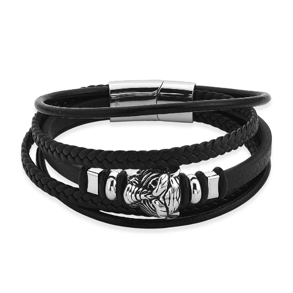 shop lc Braided Microfiber Leather Tiger Head Bracelet in Stainless Steel (8.00 In)