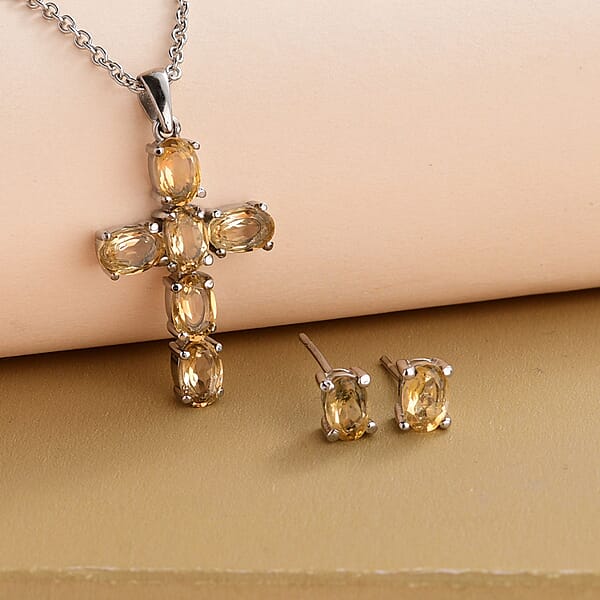 Shop Lc Brazilian Citrine Stud Earrings And Cross Pendant Necklace (20 Inches) In Stainless Steel 3.20 Ctw Tarnish-Free Waterproof Sweat Proof Jewelry