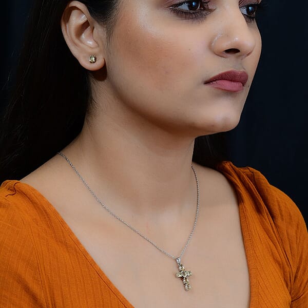 Shop Lc Brazilian Citrine Stud Earrings And Cross Pendant Necklace (20 Inches) In Stainless Steel 3.20 Ctw Tarnish-Free Waterproof Sweat Proof Jewelry