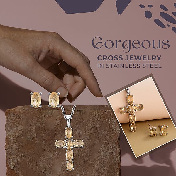Shop Lc Brazilian Citrine Stud Earrings And Cross Pendant Necklace (20 Inches) In Stainless Steel 3.20 Ctw Tarnish-Free Waterproof Sweat Proof Jewelry