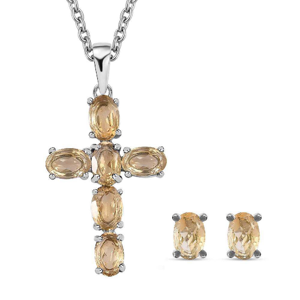 shop lc Brazilian Citrine Stud Earrings and Cross Pendant Necklace (20 Inches) in Stainless Steel 3.20 ctw Tarnish-Free Waterproof Sweat Proof Jewelry