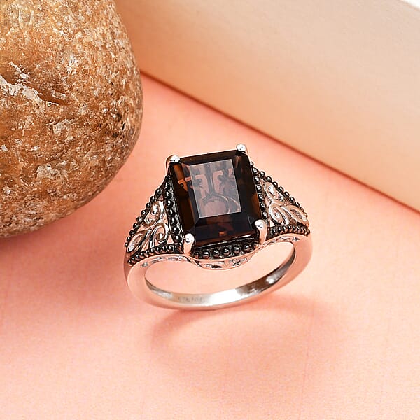 Shop Lc Brazilian Smoky Quartz Solitaire Ring In Platinum Over Sterling Silver 3.65 Ctw