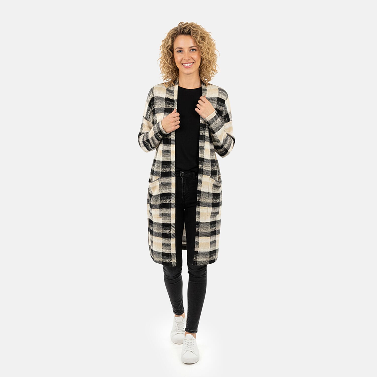 shop lc BRITANY BLACK Beige Plaid Long Sleeve Soft Knit Cardigan with Pockets - L