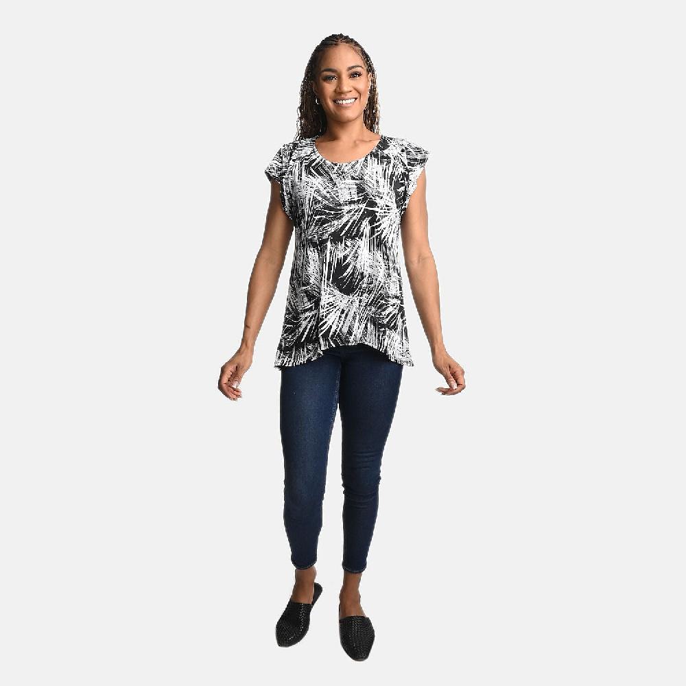 shop lc BRITANY BLACK Black Abstract Stretch Flutter Sleeve Blouse with Sequin - L