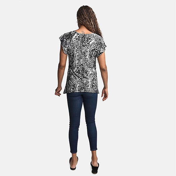 Shop Lc BRITANY BLACK Black Animal Stretch Flutter Sleeve Blouse With Sequin - L