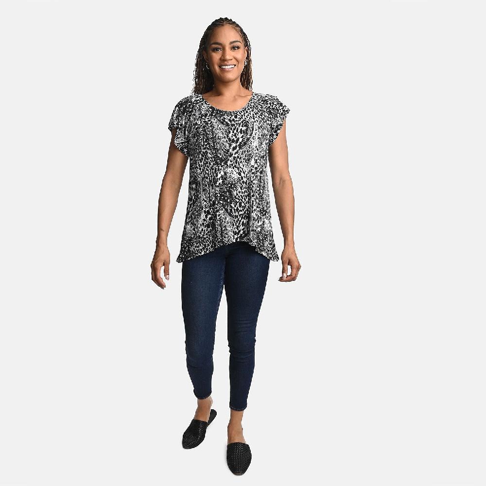 shop lc BRITANY BLACK Black Animal Stretch Flutter Sleeve Blouse with Sequin - L