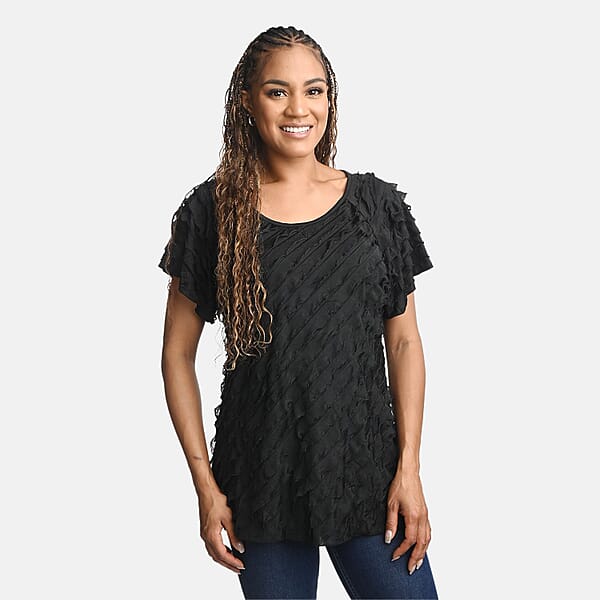 Shop Lc BRITANY BLACK Black Stretch Tiered Ruffle Short Sleeve Top - S