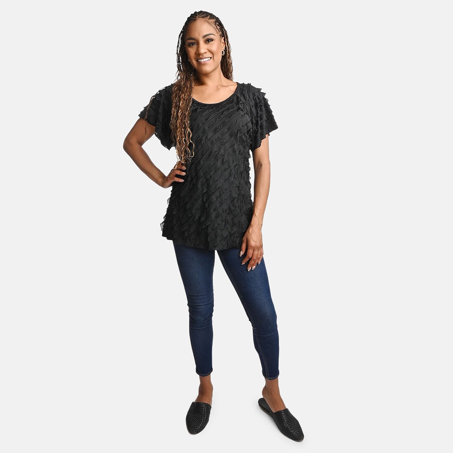 shop lc BRITANY BLACK Black Stretch Tiered Ruffle Short Sleeve Top - S