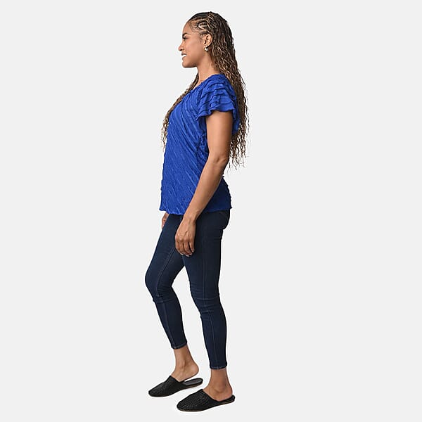 Shop Lc BRITANY BLACK Blue Stretch Tiered Ruffle Short Sleeve Top - L