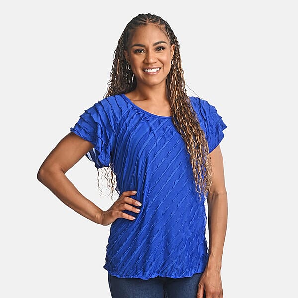 Shop Lc BRITANY BLACK Blue Stretch Tiered Ruffle Short Sleeve Top - L