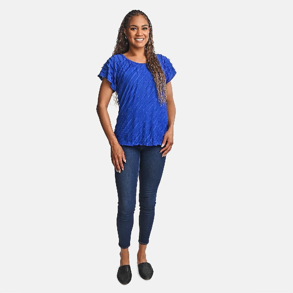 shop lc BRITANY BLACK Blue Stretch Tiered Ruffle Short Sleeve Top - L