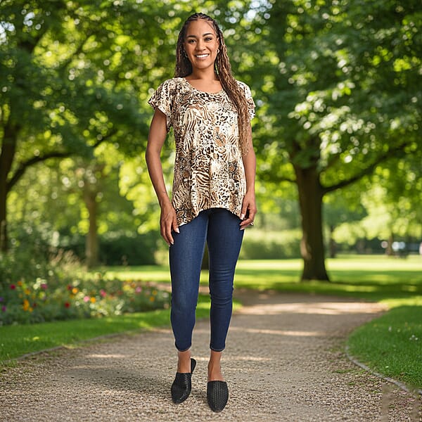 Shop Lc BRITANY BLACK Brown Animal Stretch Flutter Sleeve Blouse With Sequin - L