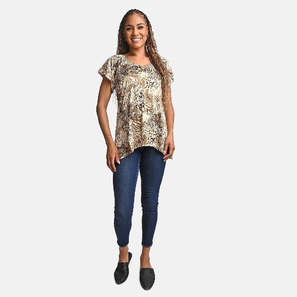 shop lc BRITANY BLACK Brown Animal Stretch Flutter Sleeve Blouse with Sequin - L