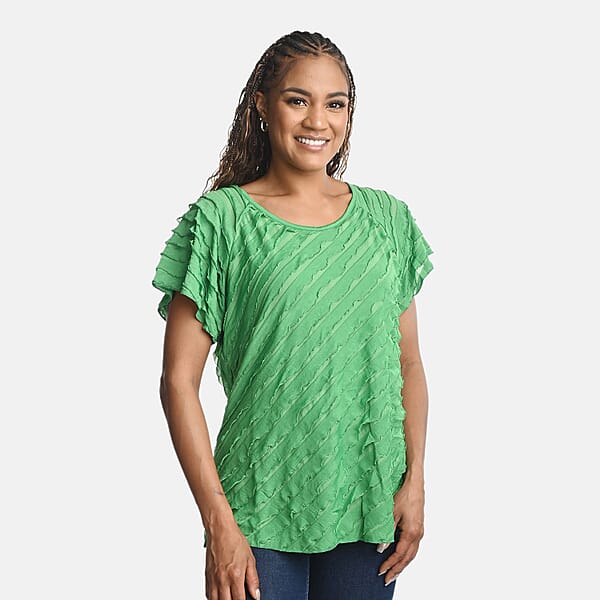 Shop Lc BRITANY BLACK Green Stretch Tiered Ruffle Short Sleeve Top - L