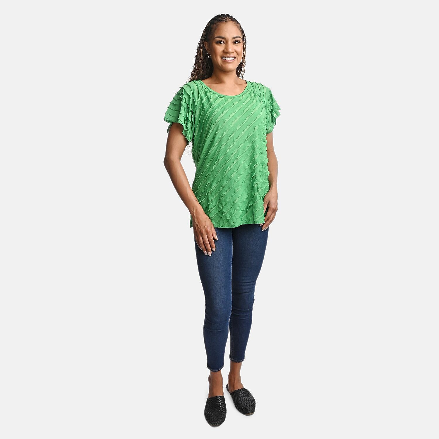 shop lc BRITANY BLACK Green Stretch Tiered Ruffle Short Sleeve Top - L