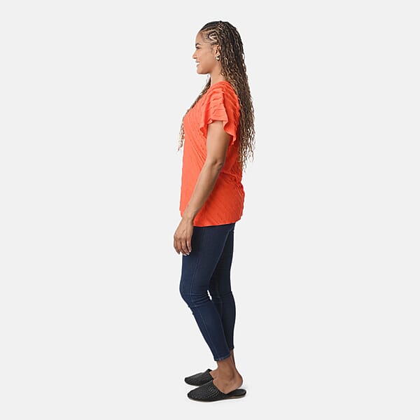 Shop Lc BRITANY BLACK Orange Stretch Tiered Ruffle Short Sleeve Top - L